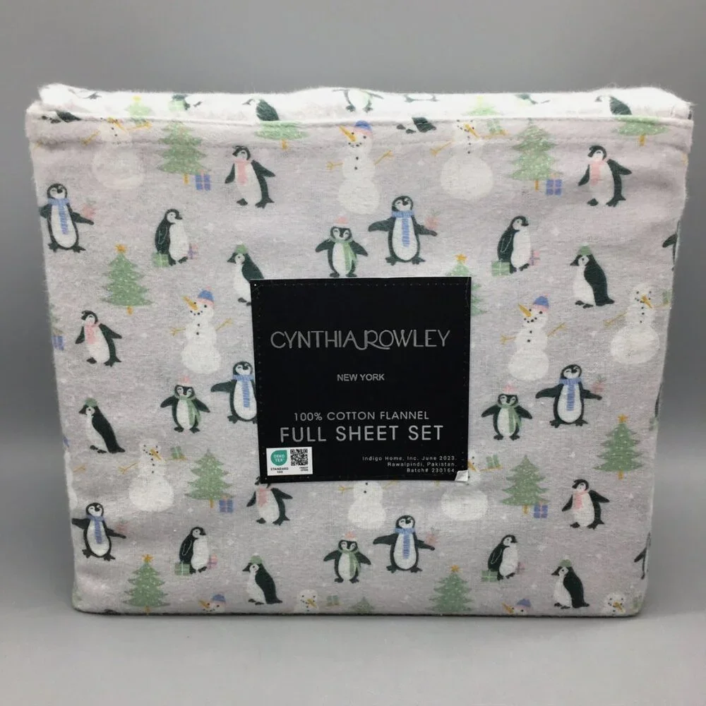 Cynthia Rowley Christmas Trees Penguins Snowman Flannel FULL Sheet Set Adorable